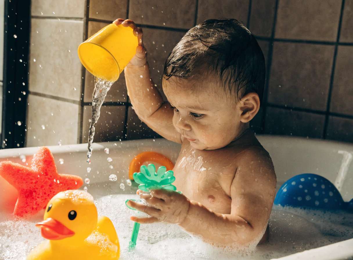 baby playing with bath toys in tub