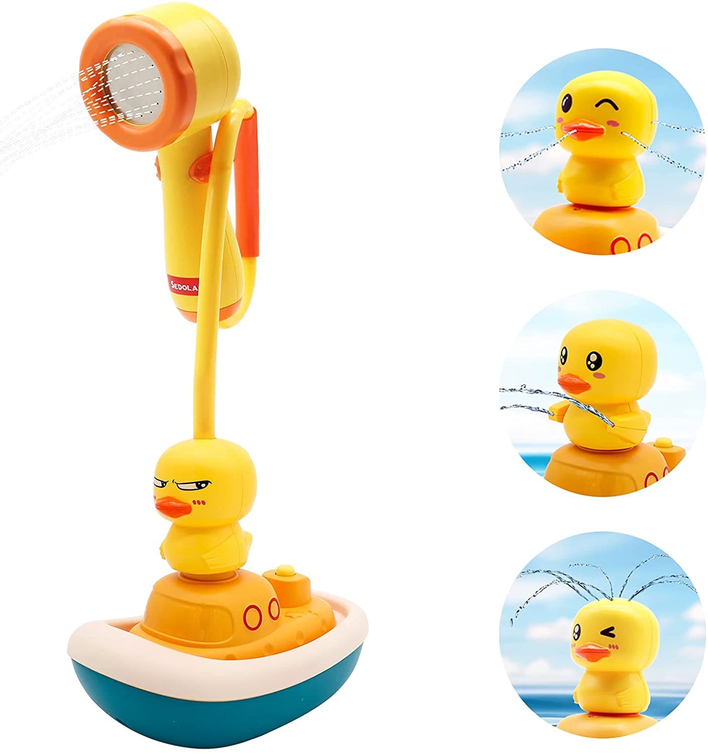 Yellow rubber duck bath toy with shower head attachment